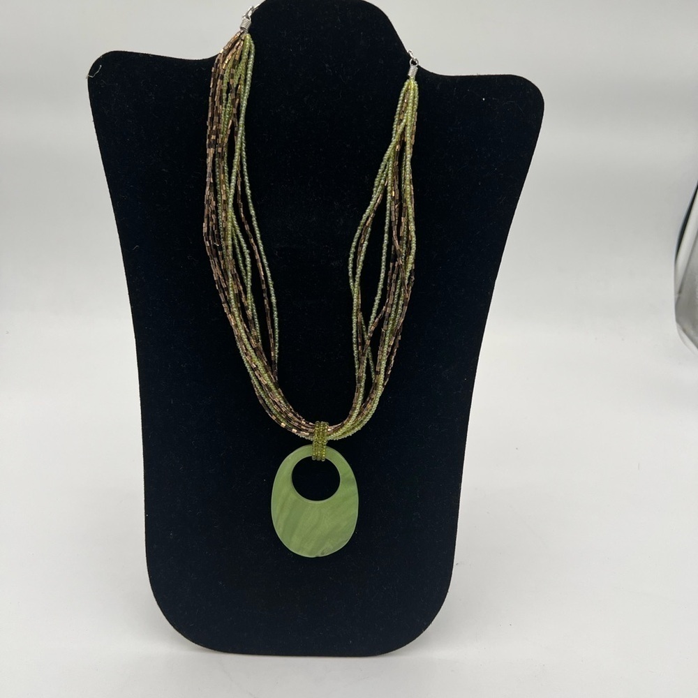 Olive Avocado Green Shell Pendant Multi-Strand Seed Bead Necklace - Boho Mermaid